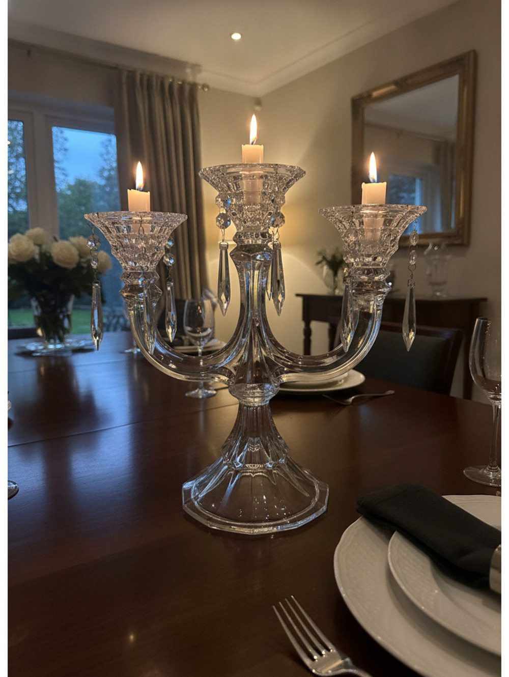 Elegant Clear Glass Crystal 3-Arm Candelabra with Hanging Prisms